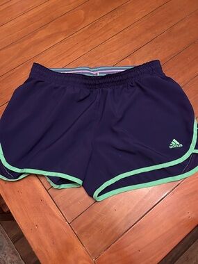 Adidas Purple Running Shorts with Green Trim, Drawstring, Logo